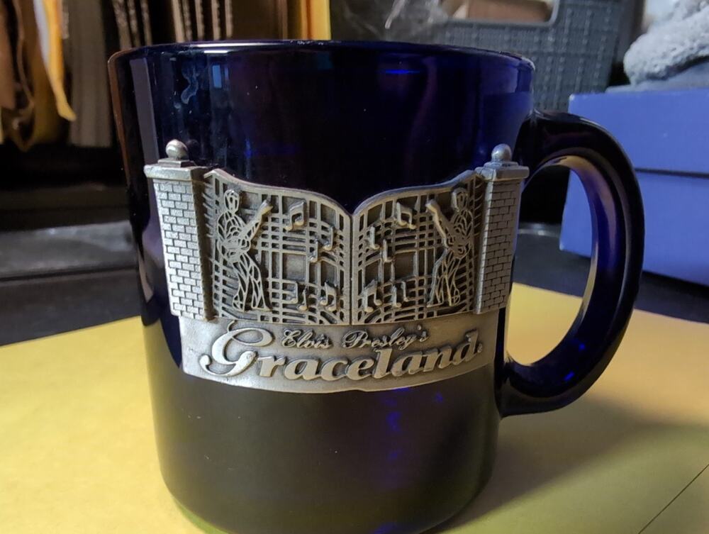 Elvis Presley merch Graceland Drink Cup Mug clear cobalt blue with medal emblem